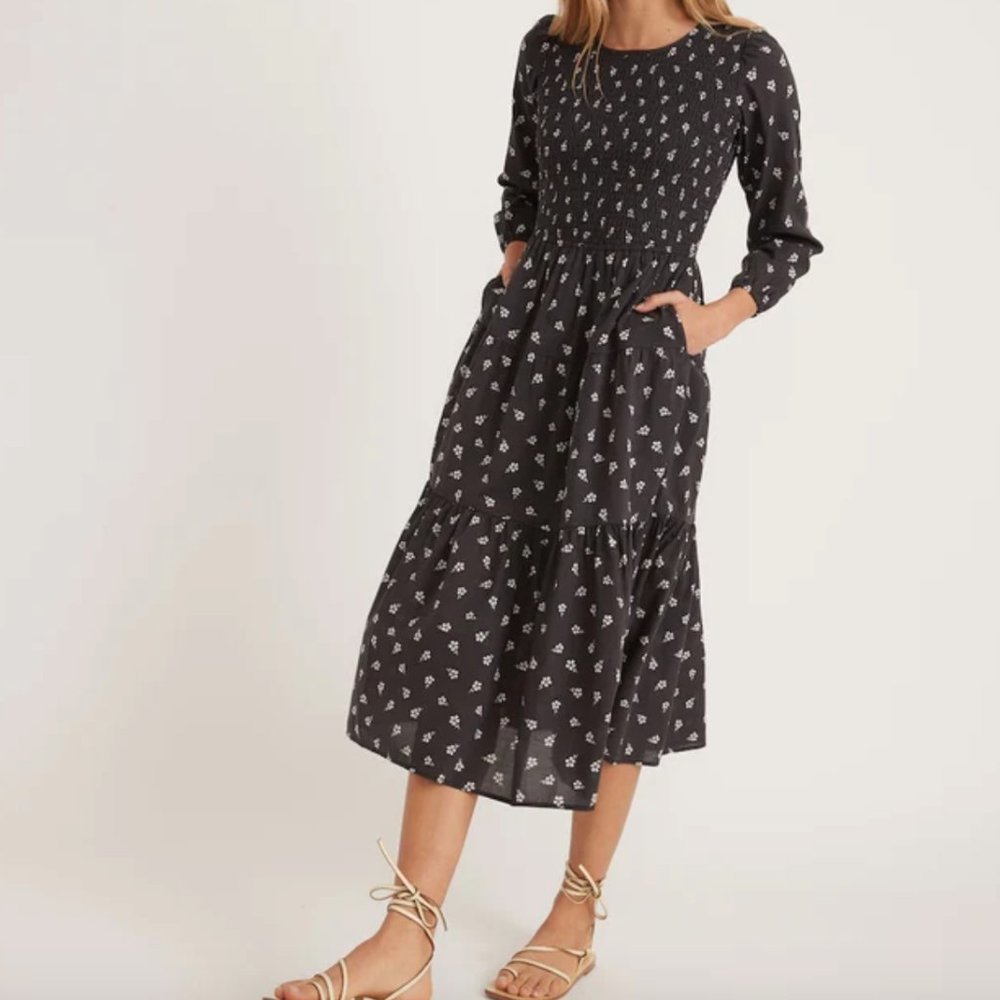 Camille Smocked Midi Dress in Black Modern Ditsy - Medium / Black Modern Ditsy